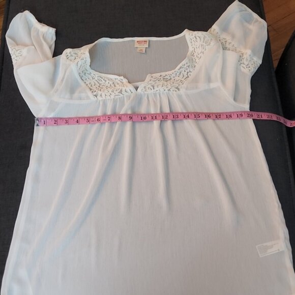 White Chiffon & Lace 3/4 Sleeve Flowy Boho Hippie Cottage Core Peasant Top SzLg - Picture 7 of 8